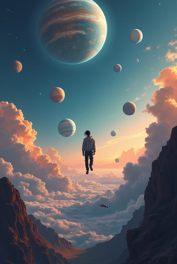 a close up of a space scene with planets and a spaceship, travis scott flying over earth, drifting in space, floating alongside the planets, floating in space, floating in outer space, outer space, space, floating on space, offcial art, in space, of space travel, outerspace, out of this world, Album art of a man isolated from the world with a microphone in his hand and no face.
