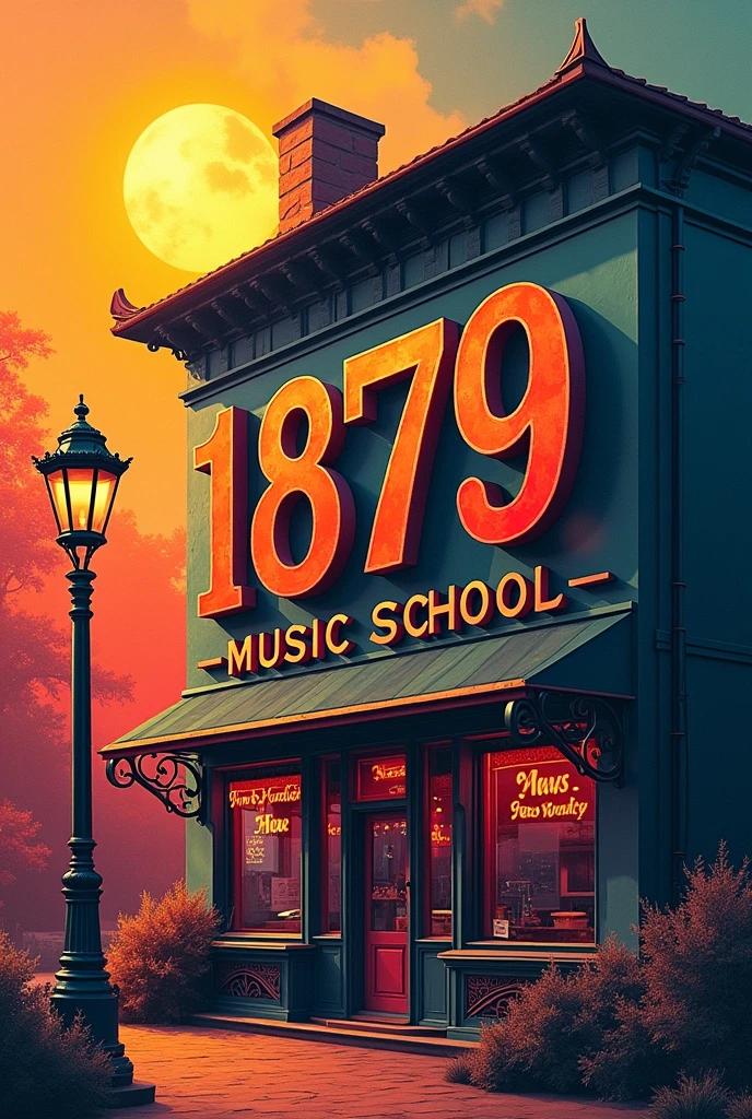 Art posters with texts, Aesthetically pleasing contrasts are layered on the background., The dawn of a new era in image generation, Insert texts into image, (texts:"1879 Music School") word, Poster with texts, /( Have you tried 1879 Music School yet?? /) personality,