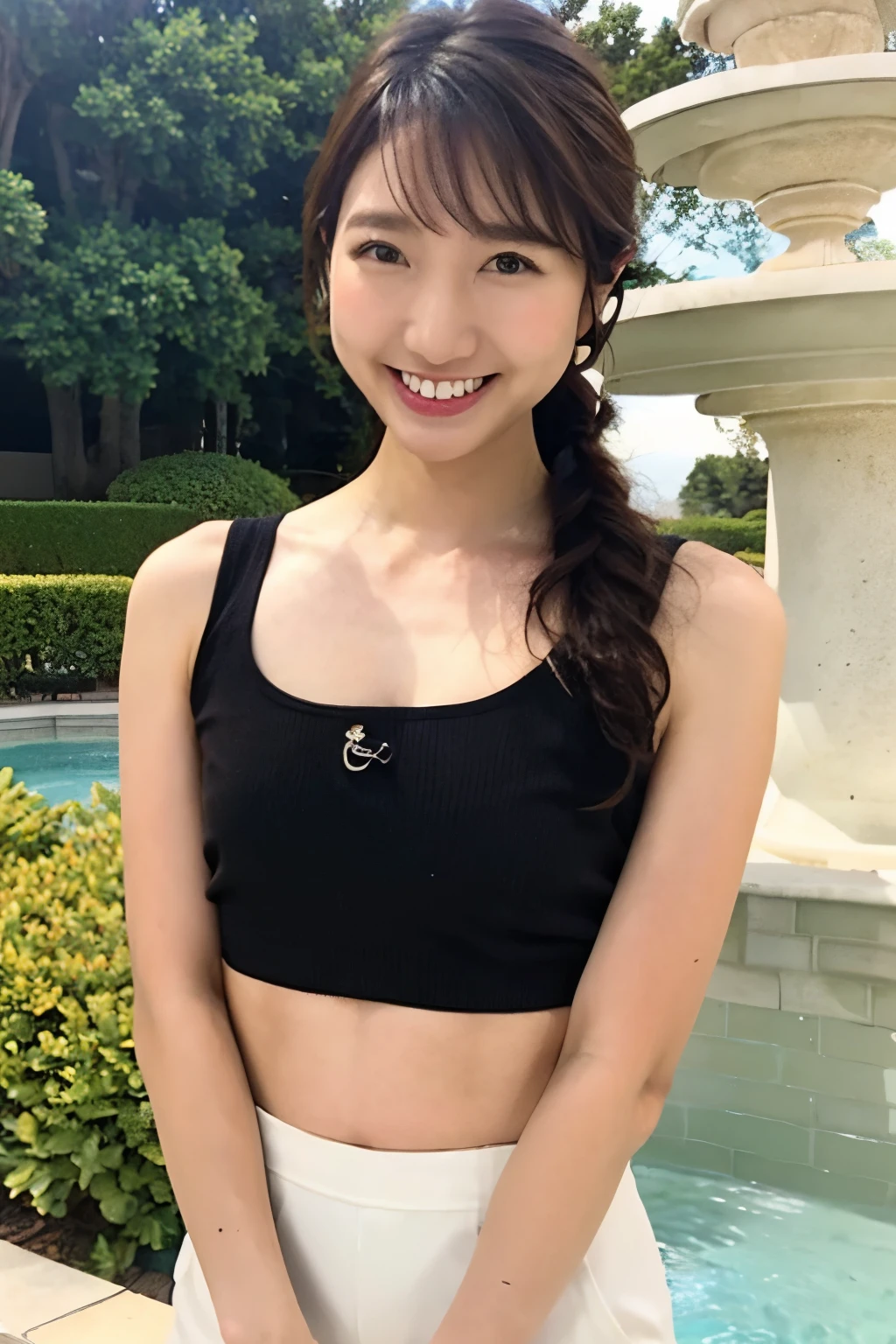 Beautiful woman、Brown Hair、With bangs、smile、Beautiful breasts、Slim body、Black Sports Bra、White shorts、Stand in front of the fountain