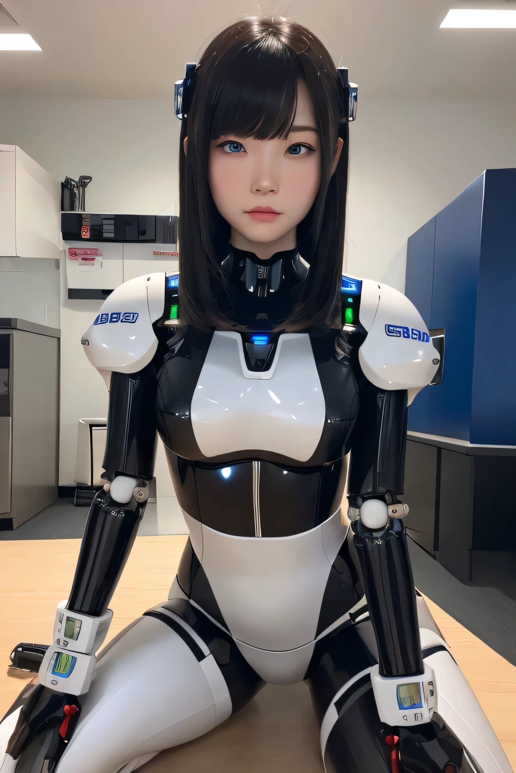 masterpiece, best quality, extremely detailed,8k portrait,Japaese android girl,Plump,control panels,android,Droid,Mechanical Hand, Robot arms and legs, Black Robot Parts,Black hair,Mechanical body,Blunt bangs,White robotics parts,perfect robot girl,long tube,thick cable connected her neck,ceramic body ,mechanical body,mechanical costume,android,robot,humanoid,cyborg,japanese android woman,mechanical chest,future laboratory,connecting a cable between the legs,blue eyes,rolling eyes