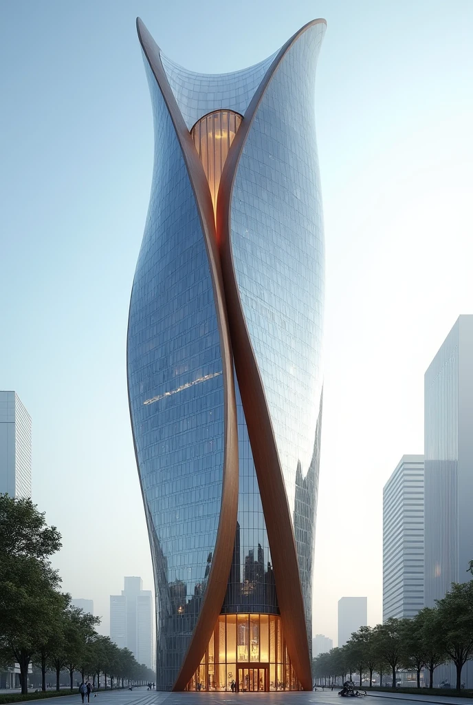 Design a distinctive modern tower shaped like a coffee bean important Keep loyal to the coffee shape of the building with the curved line that devides the bean of coffee. The line that devides the two sections of the bean is brown and on one side there are vewpoints ,modern appearance.