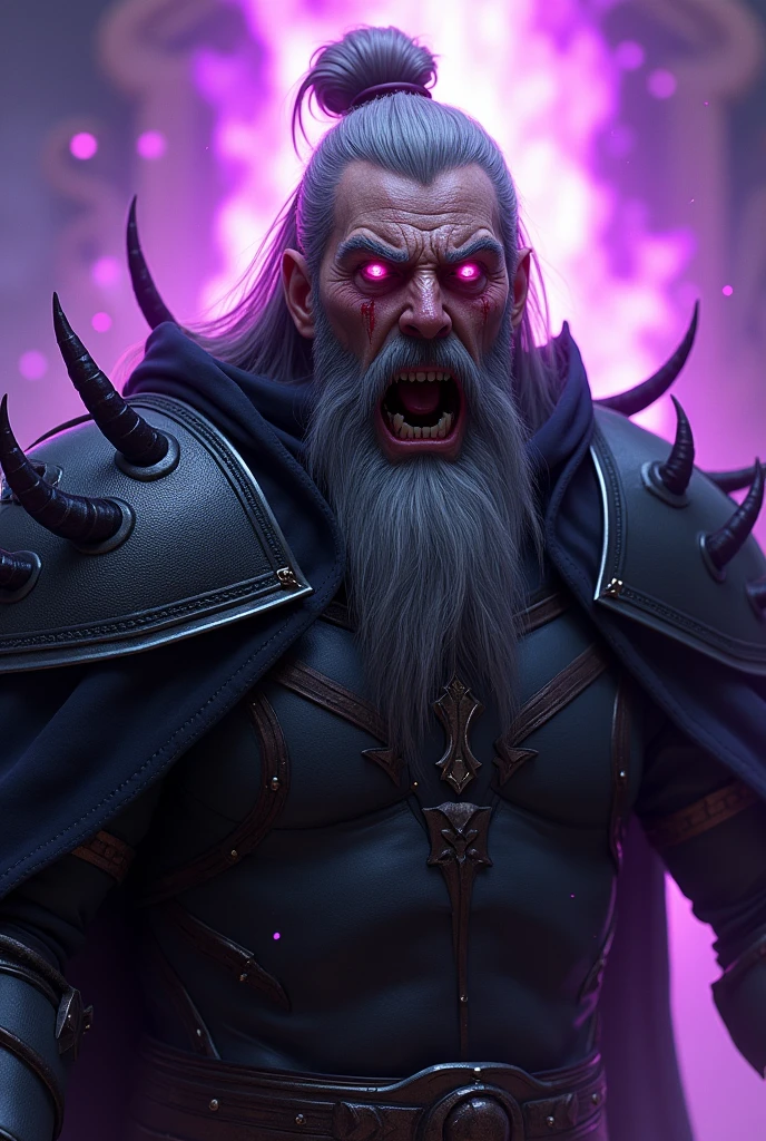 a 40 year old paladin, 1,88 tall, fair-skinned human, Long gray hair that is tied in a bun, he has a thick, gray beard. This warrior is clad in black armor, with arachnid details carved, this armor has a purple glow, emanating an evil presence. The Paladin has in his eyes, An expression of vengeance. The image focuses on your face, Tears of blood flow from his eyes, your expression is one of intense hatred. He is screaming with hatred. particles of saliva are coming from your mouth. Ao fundo, the glow of a purple flame illuminates your face