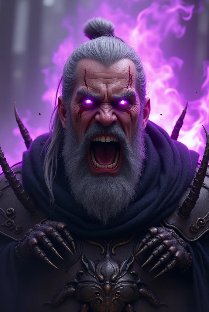 a 40 year old paladin, 1,88 tall, fair-skinned human, Long gray hair that is tied in a bun, he has a thick, gray beard. This warrior is clad in black armor, with arachnid details carved, this armor has a purple glow, emanating an evil presence. The Paladin has in his eyes, An expression of vengeance. The image focuses on your face, Tears of blood flow from his eyes, your expression is one of intense hatred. He is screaming with hatred. particles of saliva are coming from your mouth. Ao fundo, the glow of a purple flame illuminates your face