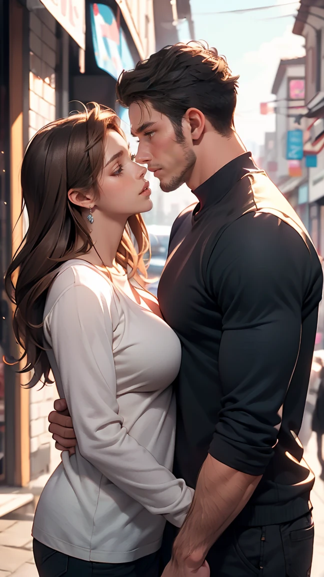 masterpiece, anime, highest quality, 2 others, Couple, mature, Adult, Height difference, Different Fashion, Different colors, Casual clothing, Long sleeve, smile, Happy, like, Swirling Wind, blue sky, Long-haired men, Woman with light brown hair, Black-haired woman, Black-haired woman  kiss. (((man grab her  tits hard))