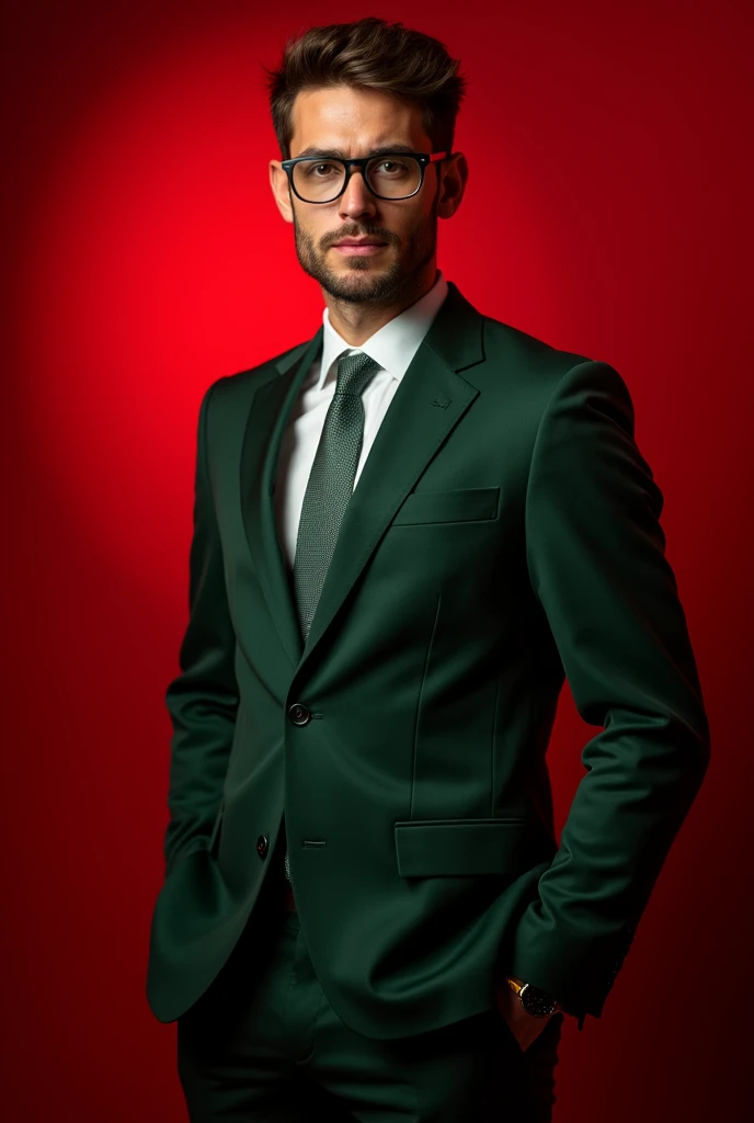 26 years old handsome man wearing blazer suits green and black colour and tye and business man and glasses posing for likeedin red light in background