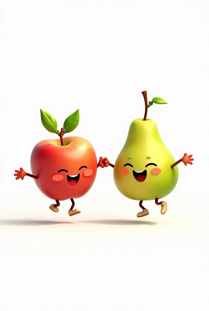 A smiling apple, I am happy jumping, A smiling pear, I am jumping happy, Everyone holding hands, white background