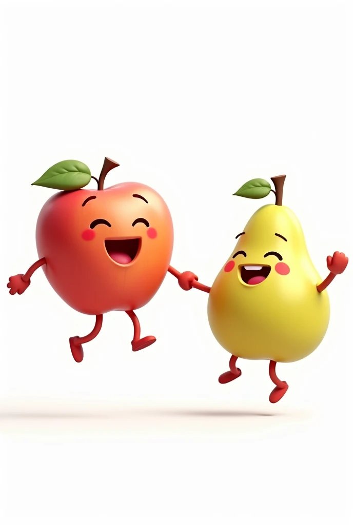 A smiling apple, I am happy jumping, A smiling pear, I am jumping happy, Everyone holding hands, white background