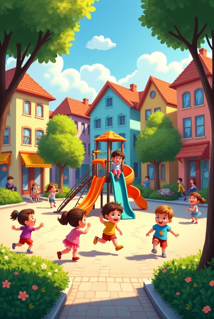 Create a square with a playground for children, realistic image with painting style