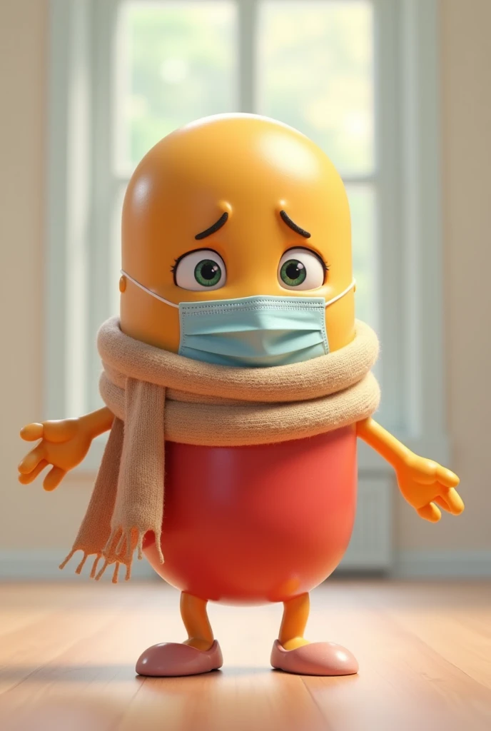 Create an animated pill medicine with eyes, mouth, hands and legs that is sick and is wearing a scarf and mask