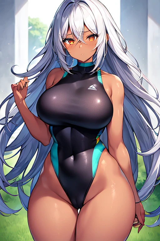 1girl, dark skin, black skin, dark-skinned female, white hair, long hair, large breasts, wide hips, thick thighs, sportswear, shy, timid, blushing, sportswear, hourglass figure, mature female, skin tight, tight clothes, ((competition swimsuit))