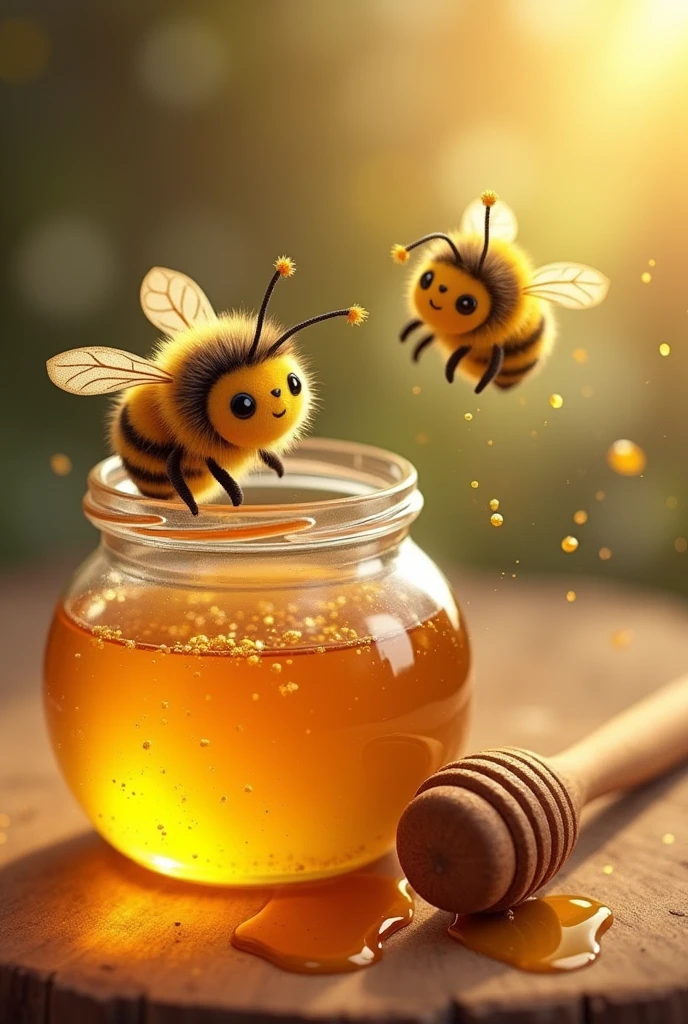 A beautiful jar of bright, thick honey with a spoon or stick used for honey, with a sweet, cute, chubby bee with beautiful eyes, furry, and with pollen dust on its body.
