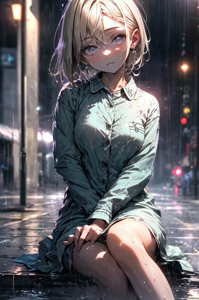 a girl of 19, nighttime, very dark, only source of light is the amber light of a street light, sat outside in the rain with her back against a while and hugging her own legs for warmth, she is naked except for a pyjama shirt that is detailed and coloured teal. She has very short caramel-blonde hair and expressive and detailed purple eyes that are a window into her depression. It is raining heavily, she is sitting outside on the pavement soaked to the bone, every part of her is dripping wet with heavy rainwater, is it nighttime, and very dark, sitting outside on the pavement, sidewalk, in a pyjama shirt, buttoned up pyjama top, street, road, small breasts, small B-cup breasts, town street, ((buttoned pyjamas)), short hair, very short hair, detailed eyes, very detailed purple eyes, focus don't he eyes, depressed expression, dark depressing image, very little light, nighttime, perfect eyes, amazing eyes, highly detailed eyes, close up,