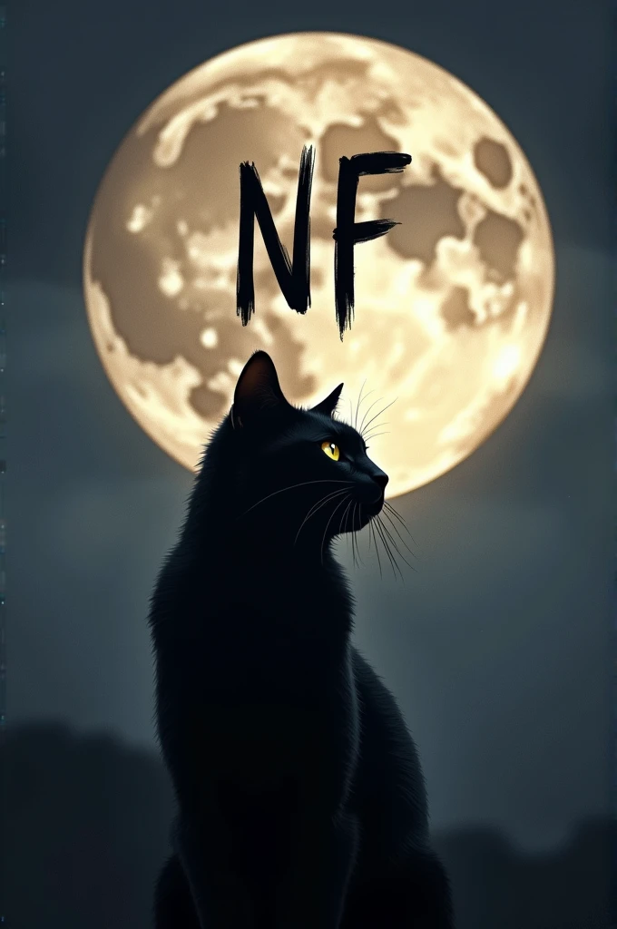A black cat in front of the moon, and the moon says NF in the center 