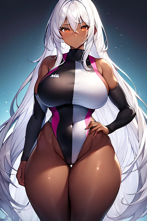 1girl, dark skin, black skin, dark-skinned female, white hair, long hair, large breasts, wide hips, thick thighs, sportswear, shy, timid, blushing, sportswear, hourglass figure, mature female, skin tight, tight clothes, ((competition swimsuit))