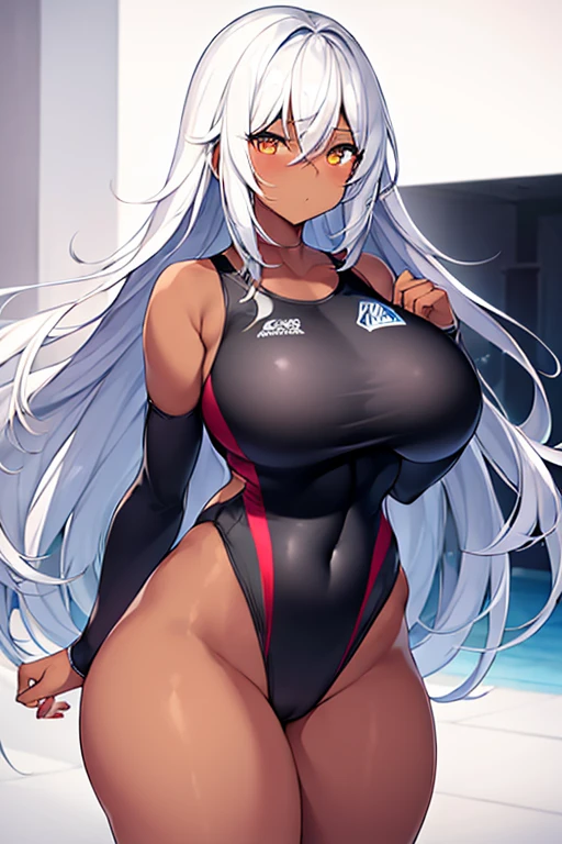 1girl, dark skin, black skin, dark-skinned female, white hair, long hair, large , wide hips, thick thighs, sportswear, shy, timid, blushing, sportswear, hourglass figure, mature , skin tight, tight clothes, ((competition swimsuit))