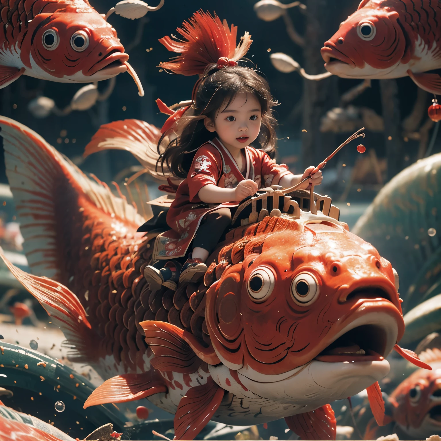 (((鯉の滝のぼり))),1girl,red fish,kid,Japanese clothing,masterpiece,best quality,ultra-detailed,riding,