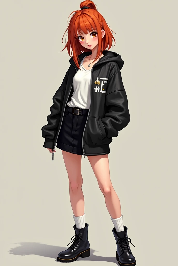 Redhead girl of medium build,with boots and white socks that barely stick out, black mini skirt, White shirt, and leather sweatshirt