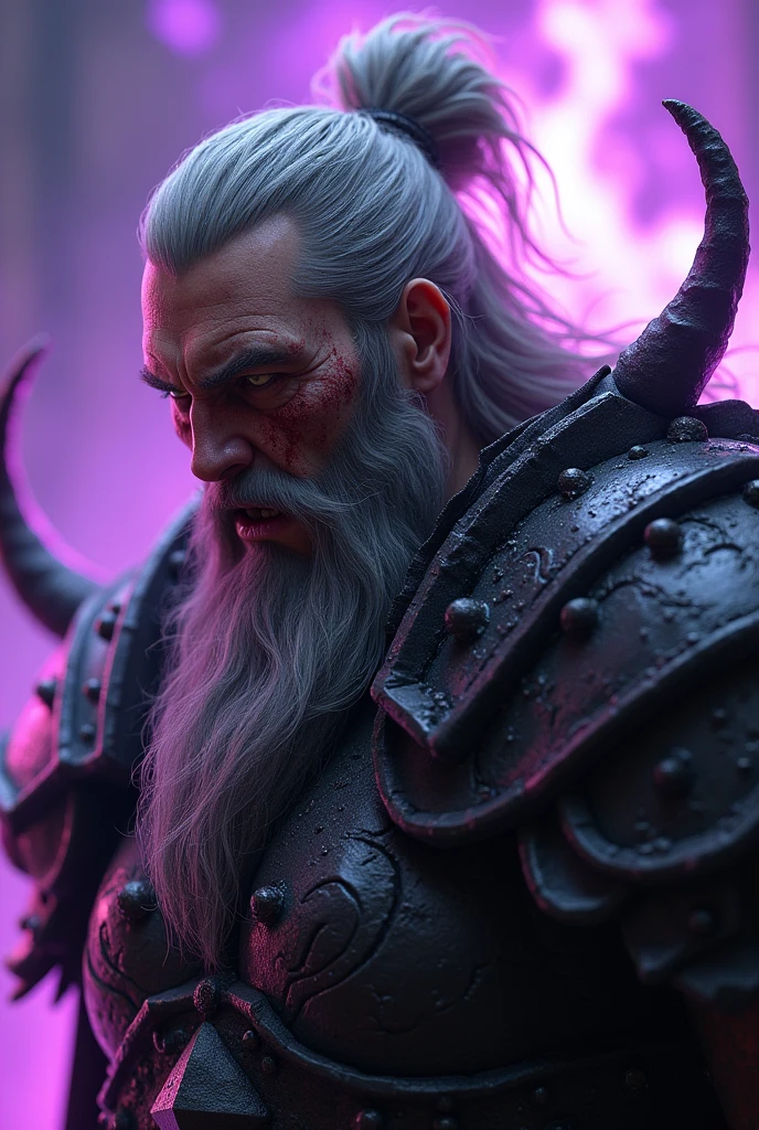 a 40 year old paladin, 1,88 tall, fair-skinned human, Long gray hair that is tied in a bun, he has a thick, gray beard. This warrior is clad in black armor, with arachnid details carved, this armor has a purple glow, emanating an evil presence. The Paladin has in his eyes, An expression of vengeance. The image focuses on your face, Tears of blood flow from his eyes, your expression is one of intense hatred. He is screaming with hatred. particles of saliva are coming from your mouth. Ao fundo, the glow of a purple flame illuminates your face. Your beard is stained with blood.