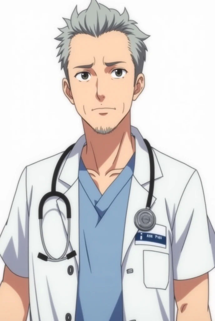 middle aged male doctor, gray short hair, facial hair, perfect symmetrical eyes, white doctor's coat buttoned over white scrub, short sleeves, rectangular ID-badge ((dark blue color at top, white color at bottom, horisontal view)) on left side, neutral emotion, focus on face and upper torso, transparent background, anime style