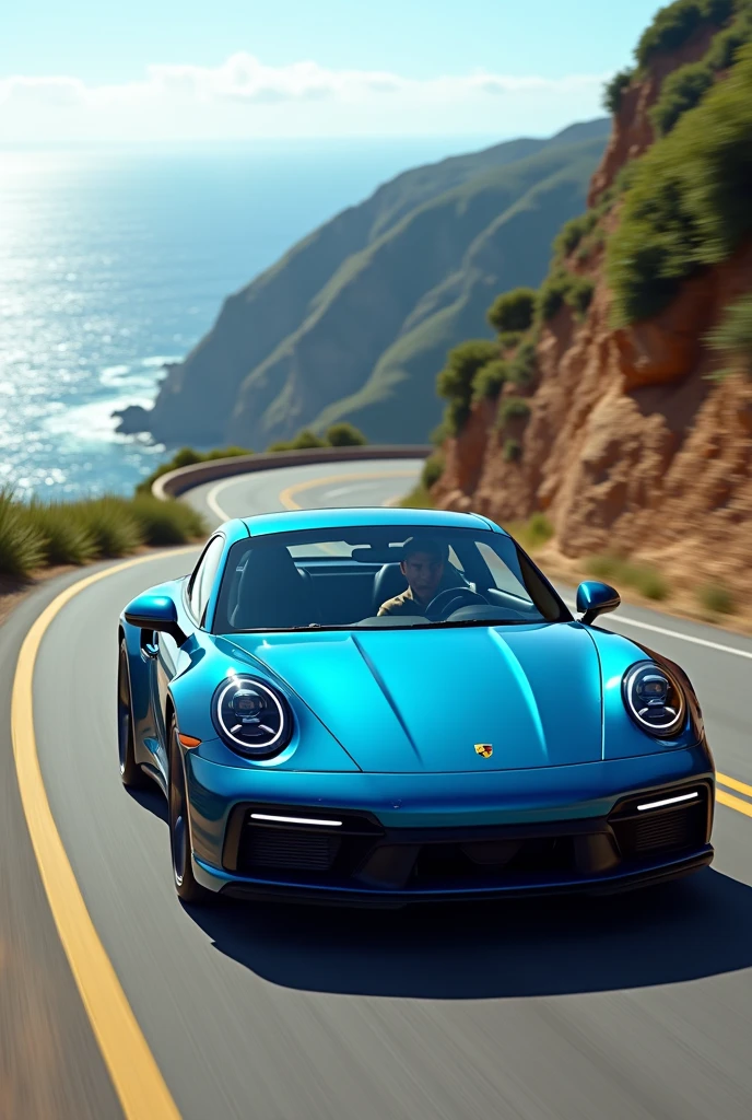 a blue 2023 Porsche 911 with a handsome 24-year-old man driving