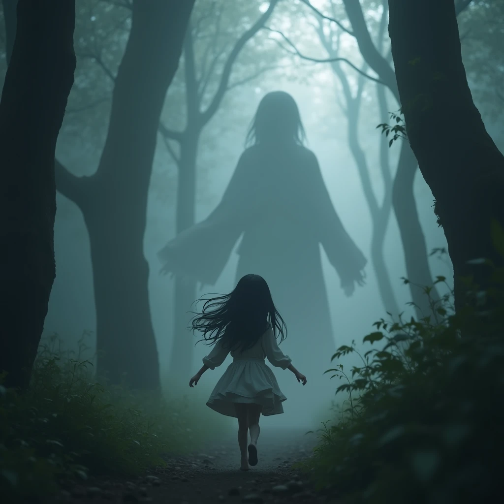 (Mysterious Fog), a beautiful young girl running through a mysterious, misty forest, The girl is facing forward and running away from a shining shadow. Her long black hair flows behind her, and a huge glowing shadow is chasing the girl. (Beautiful and cute face even in fear and panic),Fine facial features, Beautiful eyes, Soft and glowing skin, Cute apron dress, Mossy trees, (Column of light breaking through the fog), (Highest Quality, 4k, (8k), (High Resolution:1.3), (Masterpiece:1.2), (Ultra Detailed), (Realistic), (Photorealistic), (Photorealistic:1.37), Fantasy, Cinematic Lighting, Moody Atmosphere, digital art, concept art, 