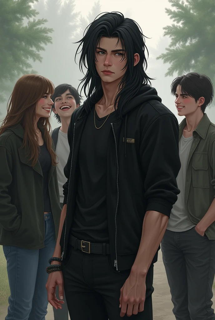 Realistic handsome tall muscular teen with long black hair , with black clothes and handsome , beardless
with a sad grayish background environment
with his friends and girlfriends in the park talking and laughing