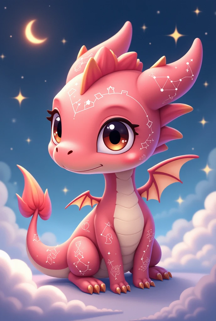 A little pink dragon with soft, big, light brown eyes, that on its majestic wings and on its skin it has the astral constellations captured (white lines): dragon constellation, raven constellation, cancer constellation, Libra constellation and many stars, in a cartoon anime style, and he's semi-flying sideways and looking straight ahead.
