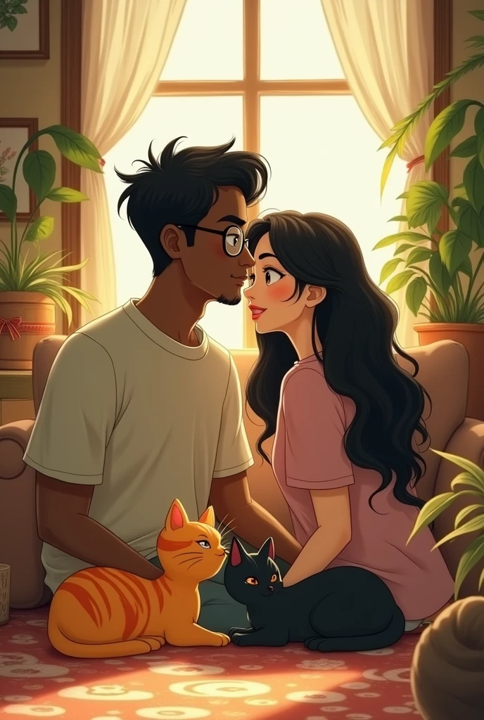 Generate an image of a Studio Ghibli couple where the dark-skinned man wears glasses and the woman has black hair with waves Studio Ghibli and two cats, one with orange stripes and the other with black stripes