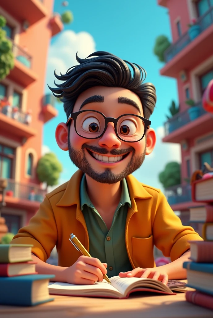 (bright and vibrant colors), (high resolution), (realisitic:1.37), Disney Pixar Movie Poster, (arte de Kevin James), 31 year old man, wearing glasses, black hair with quiff, short beard, (beautiful detailed eyes:1.1), (beautiful detailed lips:1.1), smiling with a warm expression, (Charming appearance:1.1), (professional lighting), (ultra-thin rendering), (expressive facial features:1.1), Working on a notebook, surrounded by books, (dynamic composition), (whimsical details), (playful characters), vibrant background, full of color and joy, (3D rendering), (fantastic art style), (nostalgic aesthetic), (attention to the details:1.1).
