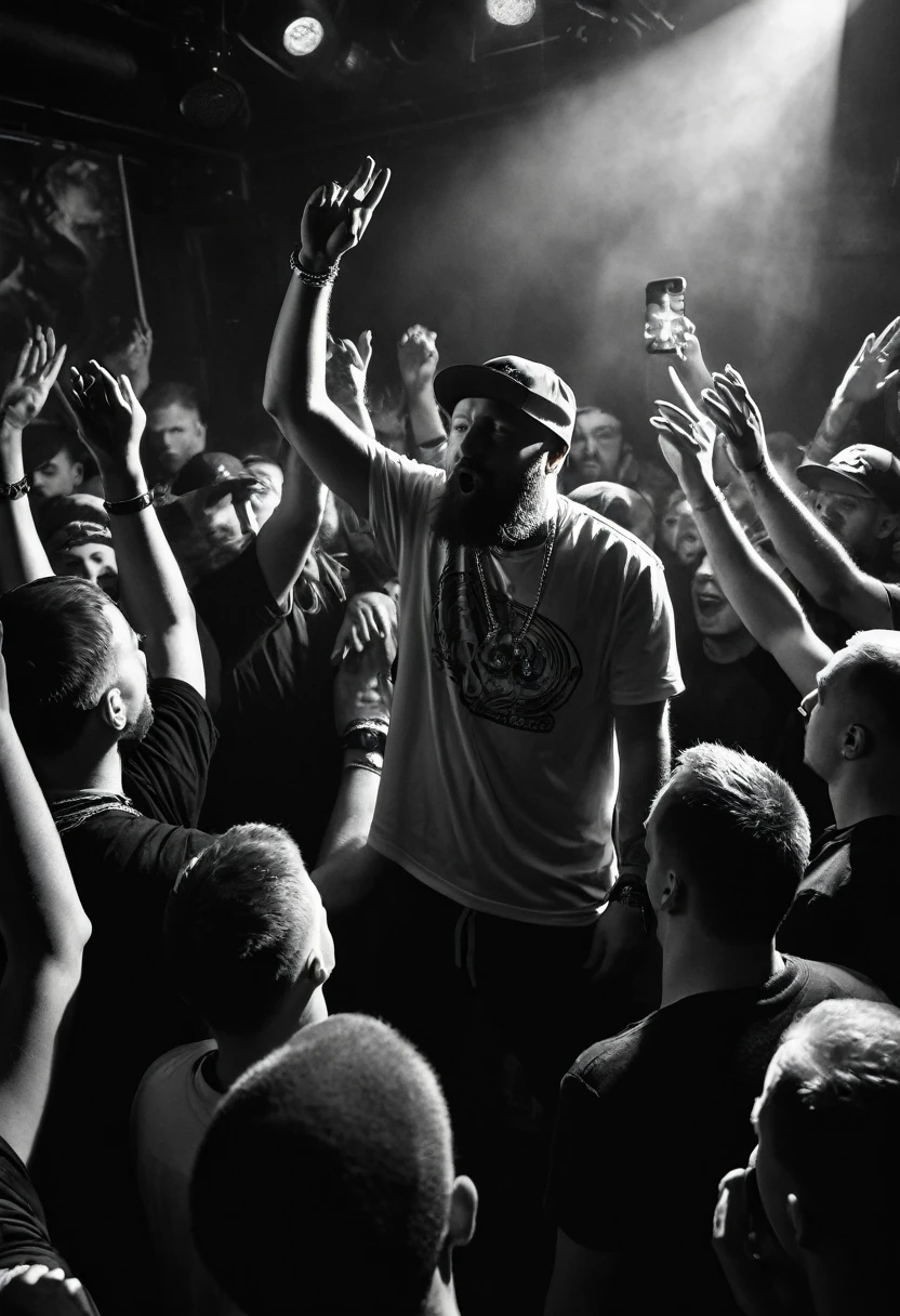 Russian provincial nightclub, Club stage, Three brutal Russian rappers perform rap on stage, dark atmosphere, Underground audience waving their hands, underground rap, photo, high quality, hyperrealism, realism, Black and white photo, антураж и атмосфера underground rap группы, Bearded rappers,