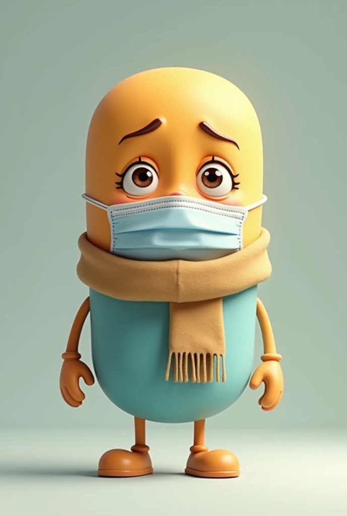 Create an animated pill medicine with eyes, mouth, hands and legs that is sick and is wearing a scarf and mask , it has to be sad 
