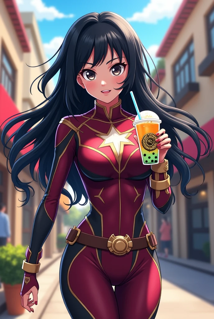 My Hero Academia Female Character posing with a boba tea, long black hair