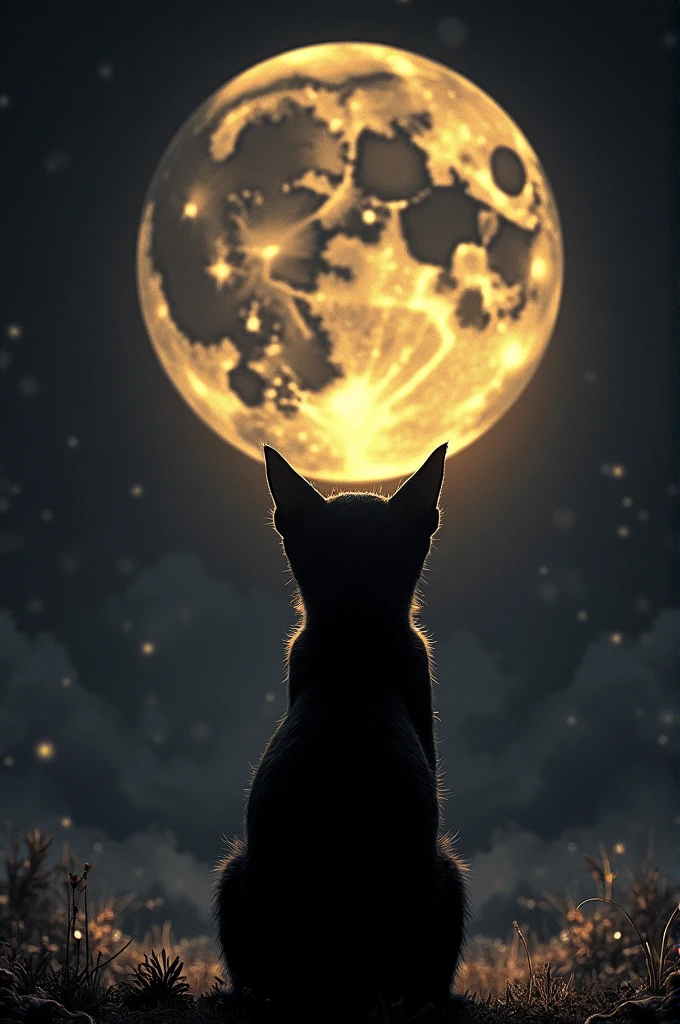 A black cat looking straight at the moon and the moon saying NF in gold in the center