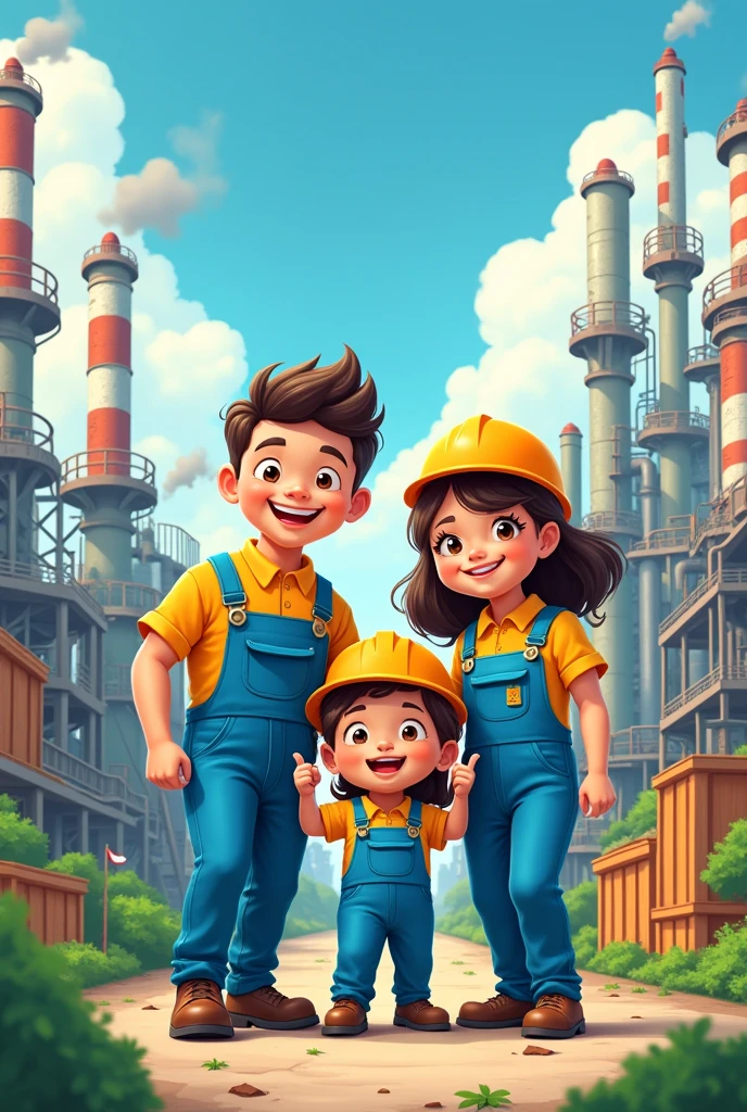 Toon, family of workers of petroleum refinery with blue safety overall, in a event called "ECO FEST" 