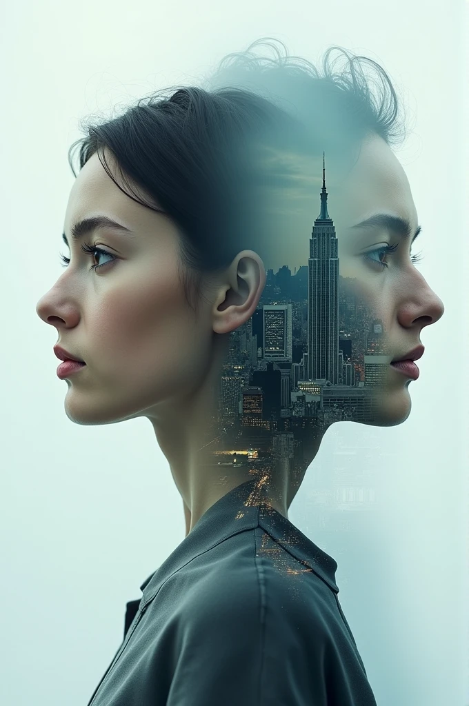 double exposure style,an old city skyline on the young woman's face,and he's a modern city on the young man's face, double image ghost effect,image combination,double exposure style,1 girl,, (work of art,best qualityer,ultra detali,very aesthetic, absurderes)
