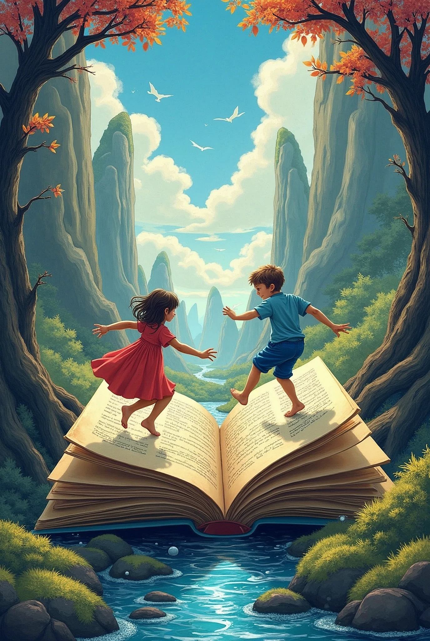Highly creative illustrations, Detailed text representation, highly detailed, watercolor paiting, art stations, concept-art, Liso, foco nítido: "Vibrant and engaging scenes. Imagine a world where words dance and come to life, Characters fall off the pages,The story grows wings and soars. In this illustration, We imagine a magical scenario,An open book becomes a gateway to an imaginary universe. How the page flows through the air, They become the elements that make up the landscape—the trees that whisper their secrets, Ink into rivers,The pages are mountains.