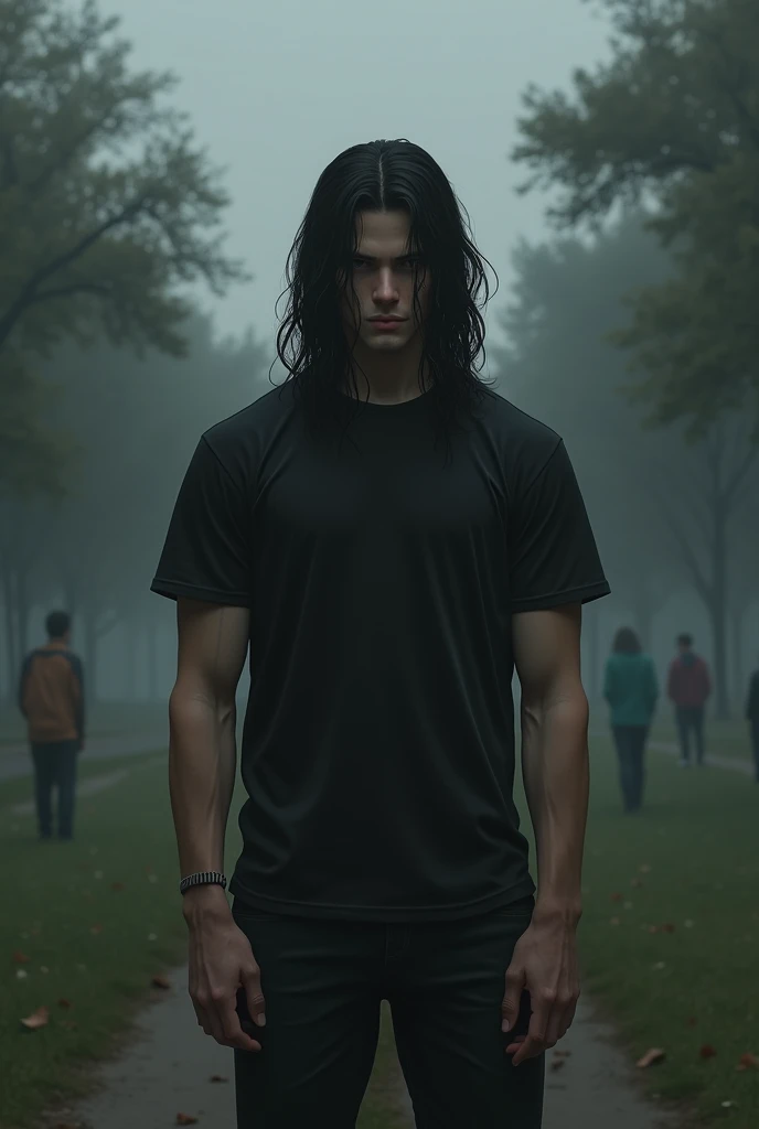 Realistic handsome tall muscular teen with long black hair , with black clothes and handsome , beardless
with a sad grayish background environment
with his friends and girlfriends in the park talking and laughing
