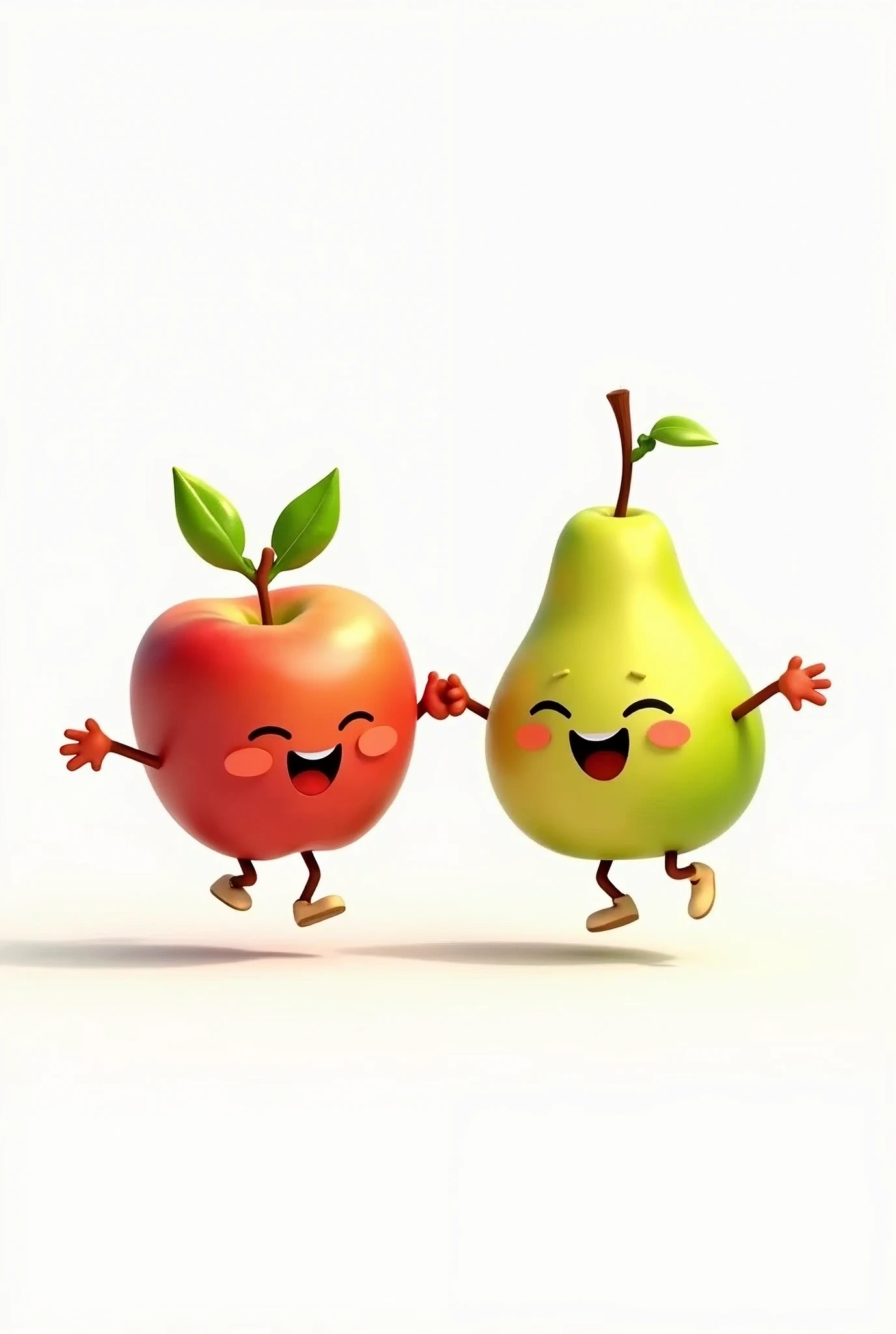 A smiling apple, I am happy jumping, A smiling pear, I am jumping happy, Everyone holding hands, white background