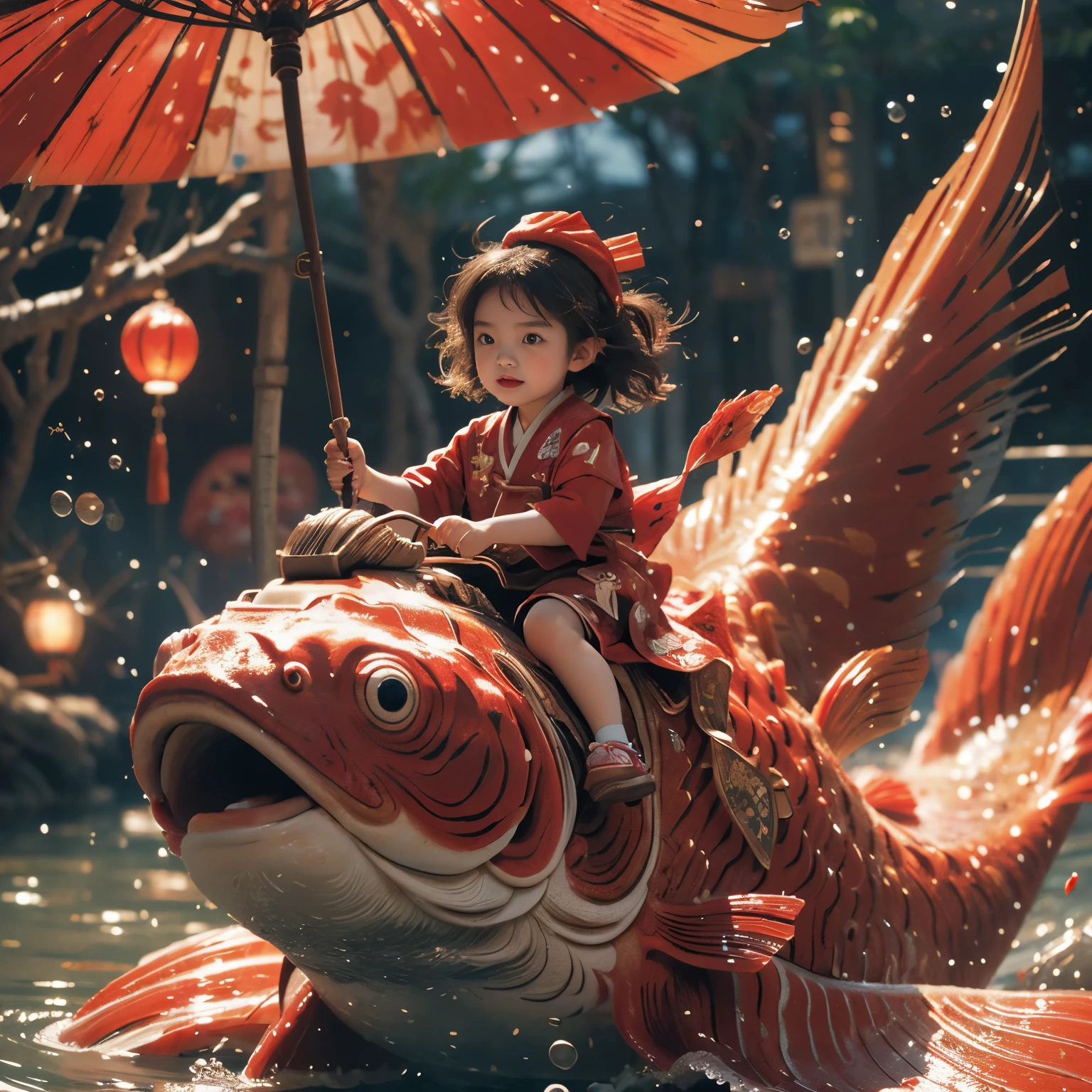 (((鯉の滝のぼり))),1girl,red fish,kid,Japanese clothing,masterpiece,best quality,ultra-detailed,riding,(Big Waterfall), Sparkling Water Particles, (Luminism:1.28)