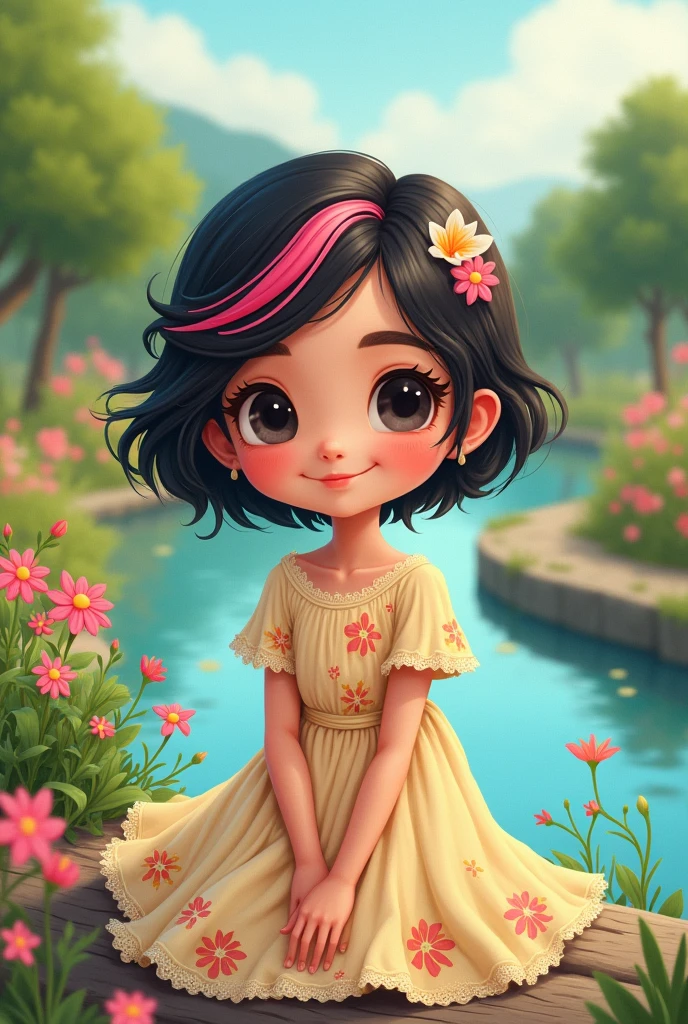 A beautiful   cartoon iaranian young girl with black hair and pink hair in front of her hair, her hair is short, by the river, with a floral dress