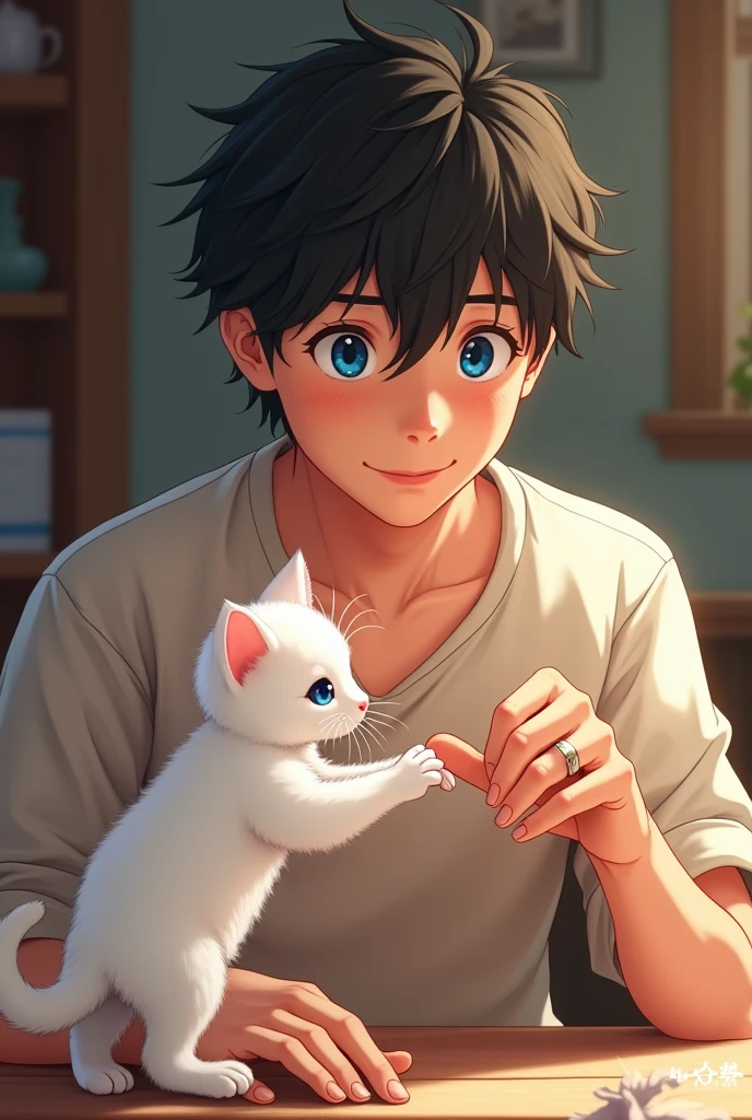 A guy with black hair and blue eyes is playing with a white kitten