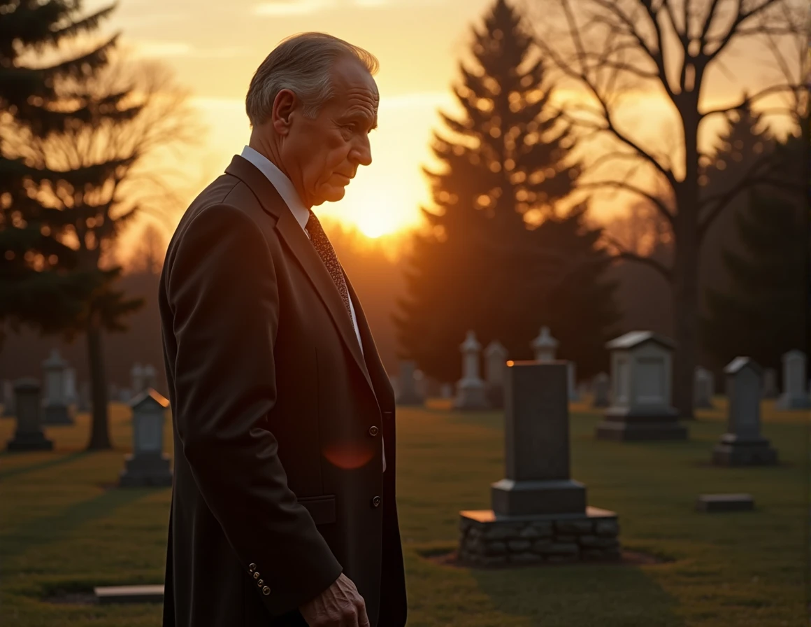 The final scene at the cemetery is shot with a steady, respectful camera movement. Start with a wide shot of the peaceful setting, then slowly zoom in on Dr. Cooper standing by his son’s grave. The camera lingers on his face, capturing the mixture of grief and quiet strength, before panning out to show the serene surroundings as the sun sets.