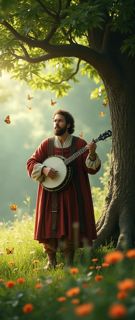 An ultra-realistic and highly detailed image of a medieval bard playing his banjo beneath a large tree with green leaves. The ground is covered with lush grass and colorful flowers, and butterflies flutter around, creating a magical and enchanting scene. The image is captured with a Sony A7R IV paired with a 24-70mm f/2.8 GM lens, ensuring stunning clarity and rich colors. The lighting is soft and diffused, with gentle rays of sunlight filtering through the leaves, highlighting the intricate details of the bard and the surrounding nature. The aspect ratio is 9:21, emphasizing the vertical composition 