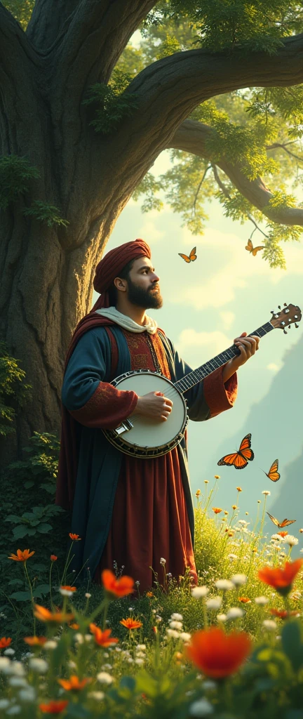 An ultra-realistic and highly detailed image of a medieval bard playing his banjo beneath a large tree with green leaves. The ground is covered with lush grass and colorful flowers, and butterflies flutter around, creating a magical and enchanting scene. The image is captured with a Sony A7R IV paired with a 24-70mm f/2.8 GM lens, ensuring stunning clarity and rich colors. The lighting is soft and diffused, with gentle rays of sunlight filtering through the leaves, highlighting the intricate details of the bard and the surrounding nature. The aspect ratio is 9:21, emphasizing the vertical composition 
