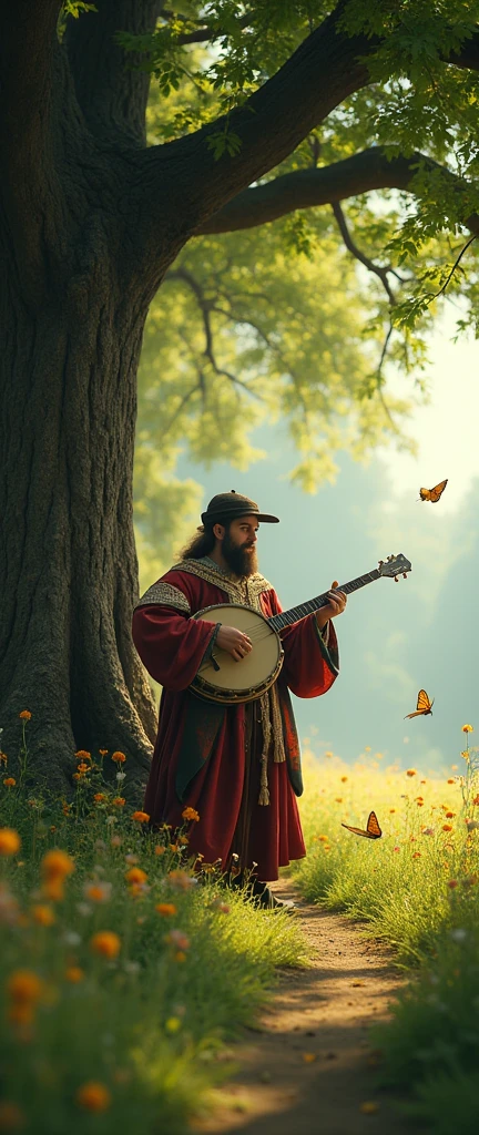 An ultra-realistic and highly detailed image of a medieval bard playing his banjo beneath a large tree with green leaves. The ground is covered with lush grass and colorful flowers, and butterflies flutter around, creating a magical and enchanting scene. The image is captured with a Sony A7R IV paired with a 24-70mm f/2.8 GM lens, ensuring stunning clarity and rich colors. The lighting is soft and diffused, with gentle rays of sunlight filtering through the leaves, highlighting the intricate details of the bard and the surrounding nature. The aspect ratio is 9:21, emphasizing the vertical composition