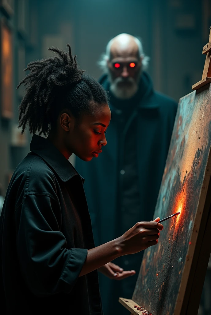 ((best qualityer)), ((work of art)), (detailded)
Dark art studio with a beautiful black girl from modern times concentrated on her painting. In the background, an old mysterious man with scarlet eyes observes. vertical image. Subtle climate of terror.