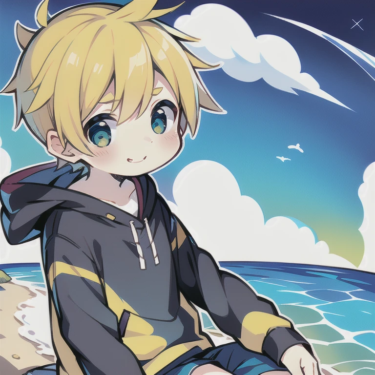 Highest quality, (high quality),eye highlights,arms are thin, thin body,put both hands on cheeks,face,from front,(portrait),((very short hair)),look at viewer,droopy eyes,smile,Pouting mouth,open your mouth and laugh,(((chilled boy))), (1 boy),kagamine len,yellow hair, spiked_hair,ponytail hair, swim suit,half pants,illustration, beach,sea, splash of water, tropical country,