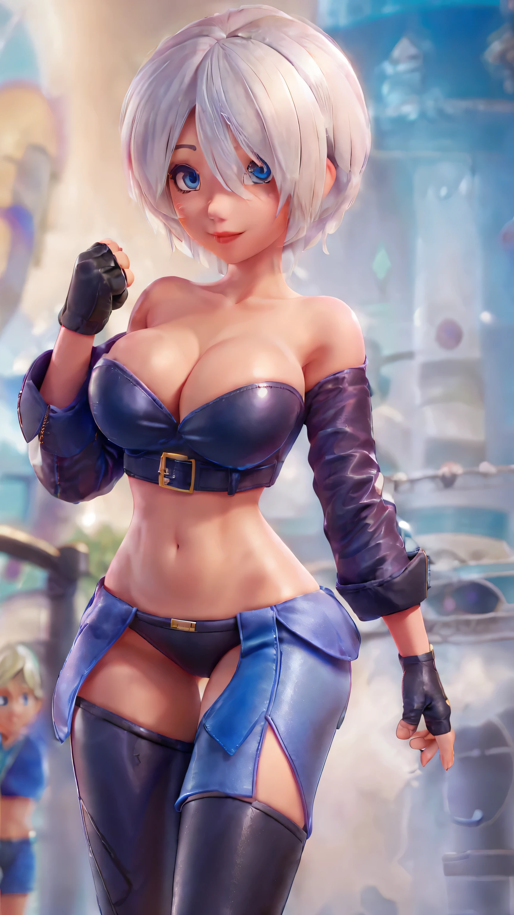 A beautiful girl beautiful attractive big breast white hair messy cut her eye blue eye cute latina pink lip dresses shiny black coat under black bra shows navel and a blue thong blue socks long net transparent big brown boot black boxing glove
