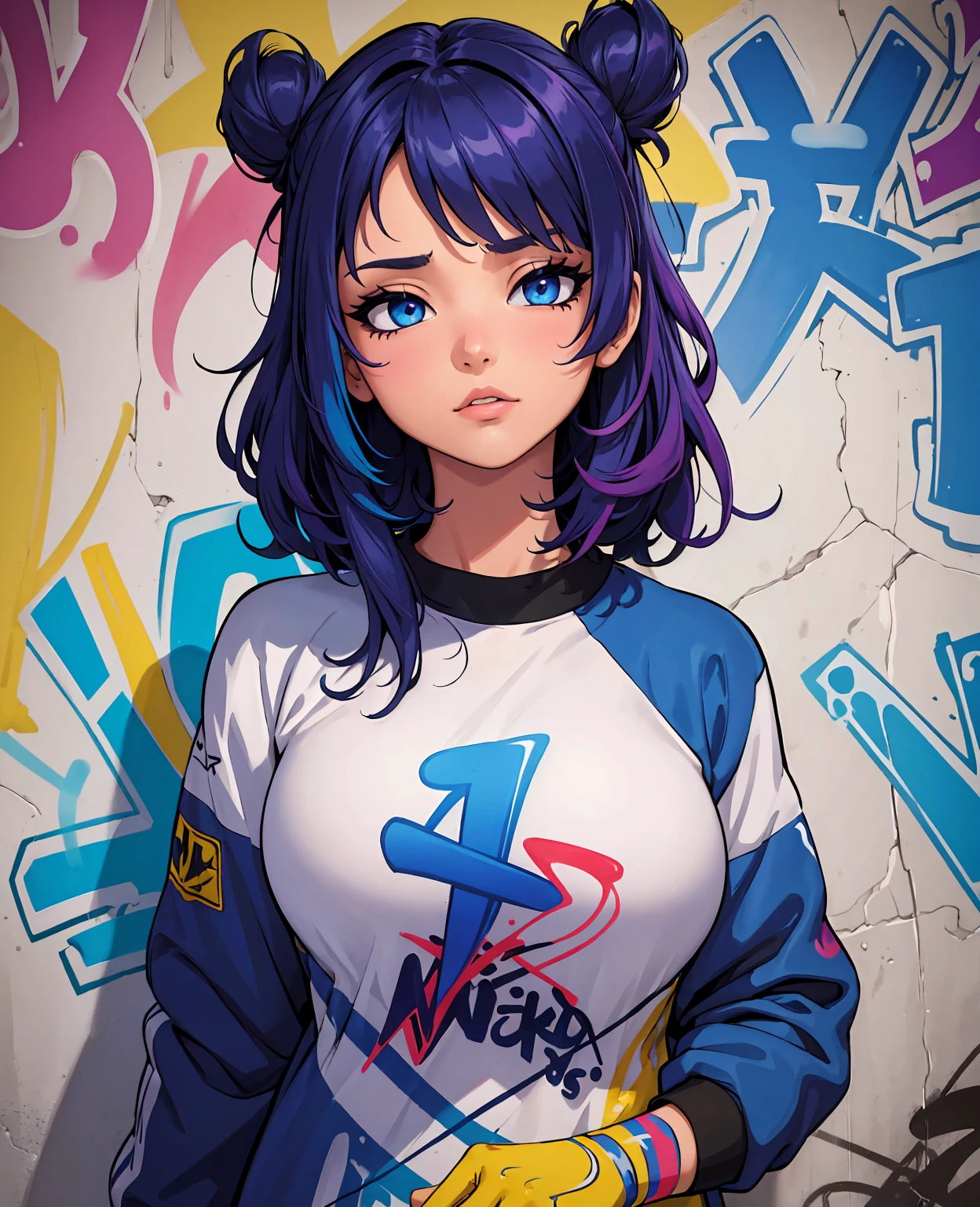 (best quality), masterpiece, extremely detailed CG uniform 8K illustration, high color, extremely high color saturation, all colors deepened, paint, graffiti art, center composition, extremely detailed light and shadow, graffiti wall, wall painted bright, 1 girl graffiti 1 girl looking at the wall, extremely detailed face and eyes, medium length hair, sportswear, colored clouds