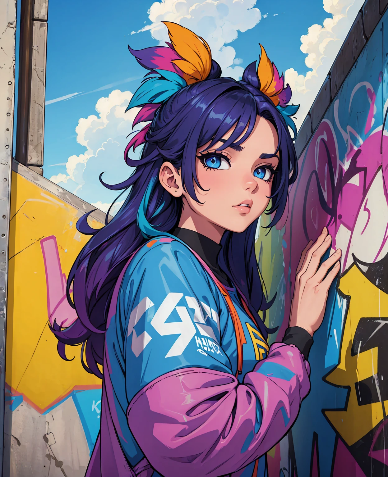 (best quality), masterpiece, extremely detailed CG uniform 8K illustration, high color, extremely high color saturation, all colors deepened, paint, graffiti art, center composition, extremely detailed light and shadow, graffiti wall, wall painted bright, 1 girl graffiti 1 girl looking at the wall, extremely detailed face and eyes, medium length hair, sportswear, colored clouds
